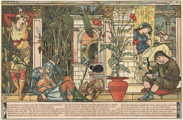 Illustration von Walter Crane zu dem Märchen Die schlafende Schöne im Wald von Charles Perrault. Schlafender Hofstaat