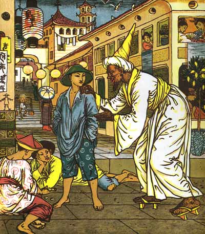 Illustration von Walter Crane zu dem Märchen Aladdin und die Wunderlampe: Der Junge Aladdin begegnet dem Magier
