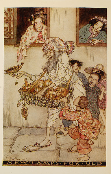 Tausche alte Lampen gegen neue. Illustration von Arthur Rackham zu Aladdin und die Wunderlampe